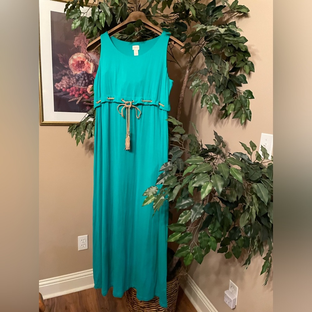 🩵 CHICO’S FOR YOU! TEAL SLEEVELESS DRESS HIGH BELTED WAIST MAXI SZ:3 (16-18)